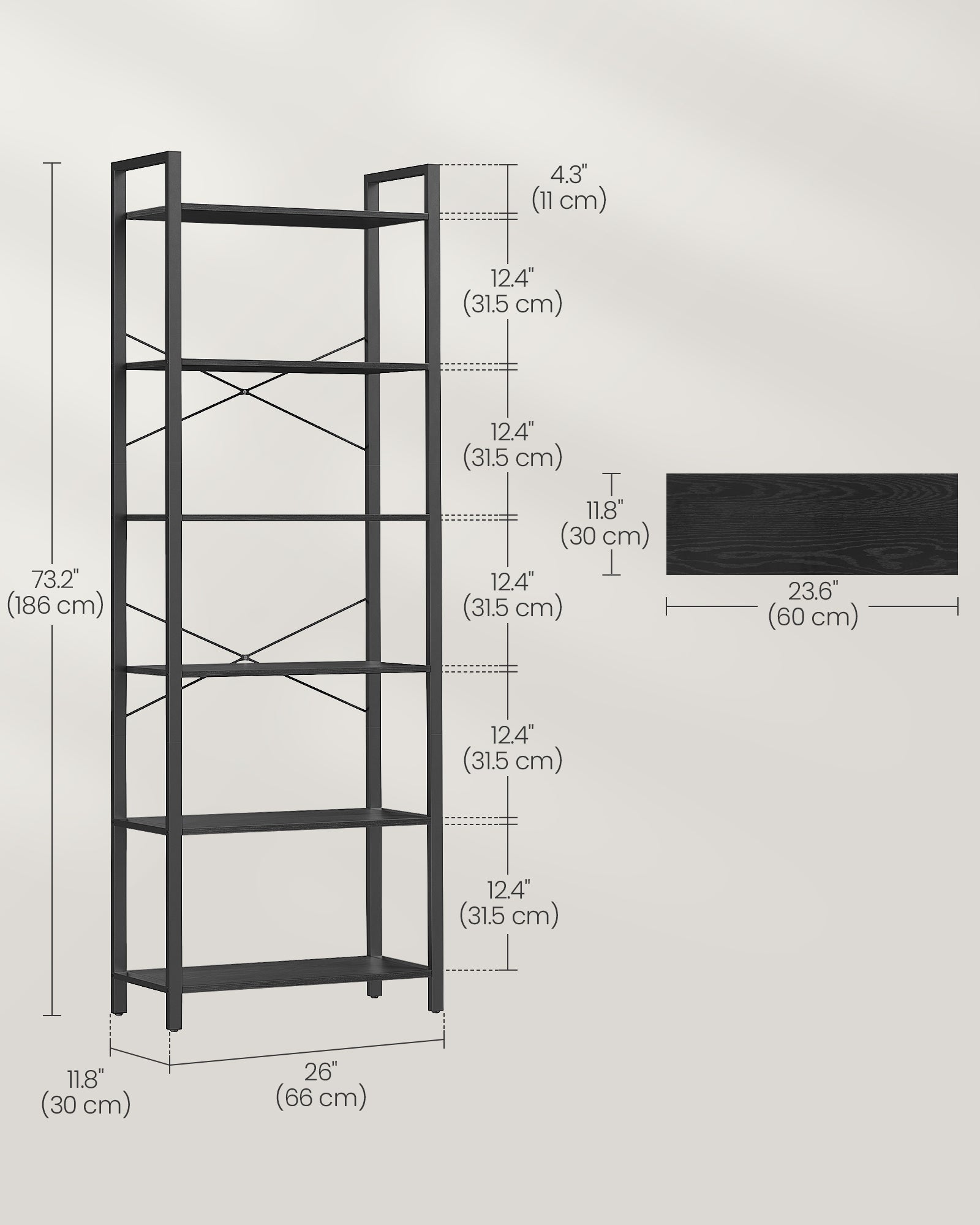 Freestanding Bookshelf – Steel – Ebony Black and Ink Black – 6-Tier Industrial Design