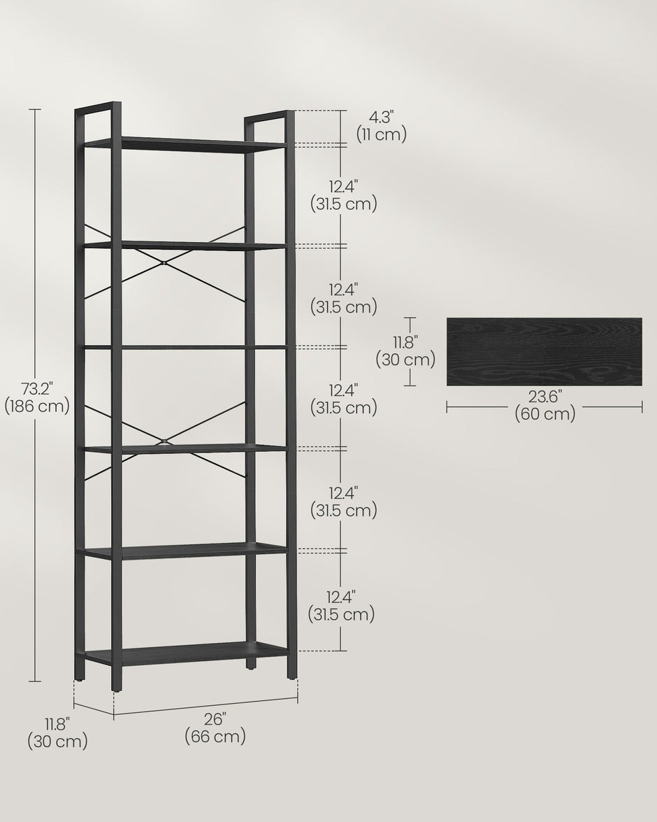 Freestanding Bookshelf – Steel – Ebony Black and Ink Black – 6-Tier Industrial Design