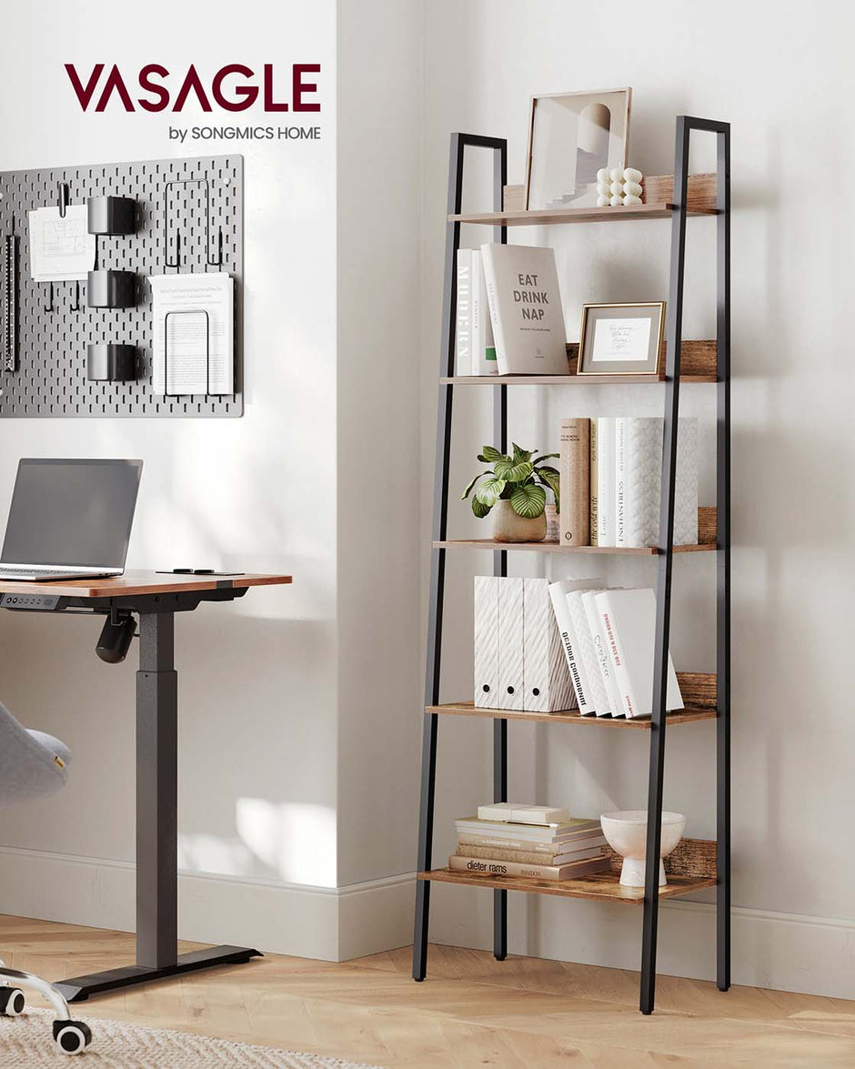 5 Tier Bookcase – Metal – Rustic Brown and Black – Freestanding Storage Shelf