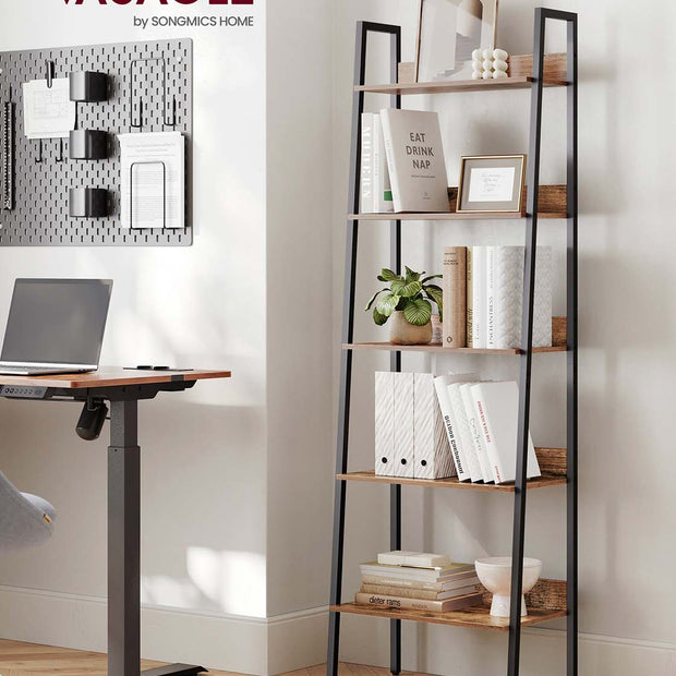5 Tier Bookcase – Metal – Rustic Brown and Black – Freestanding Storage Shelf