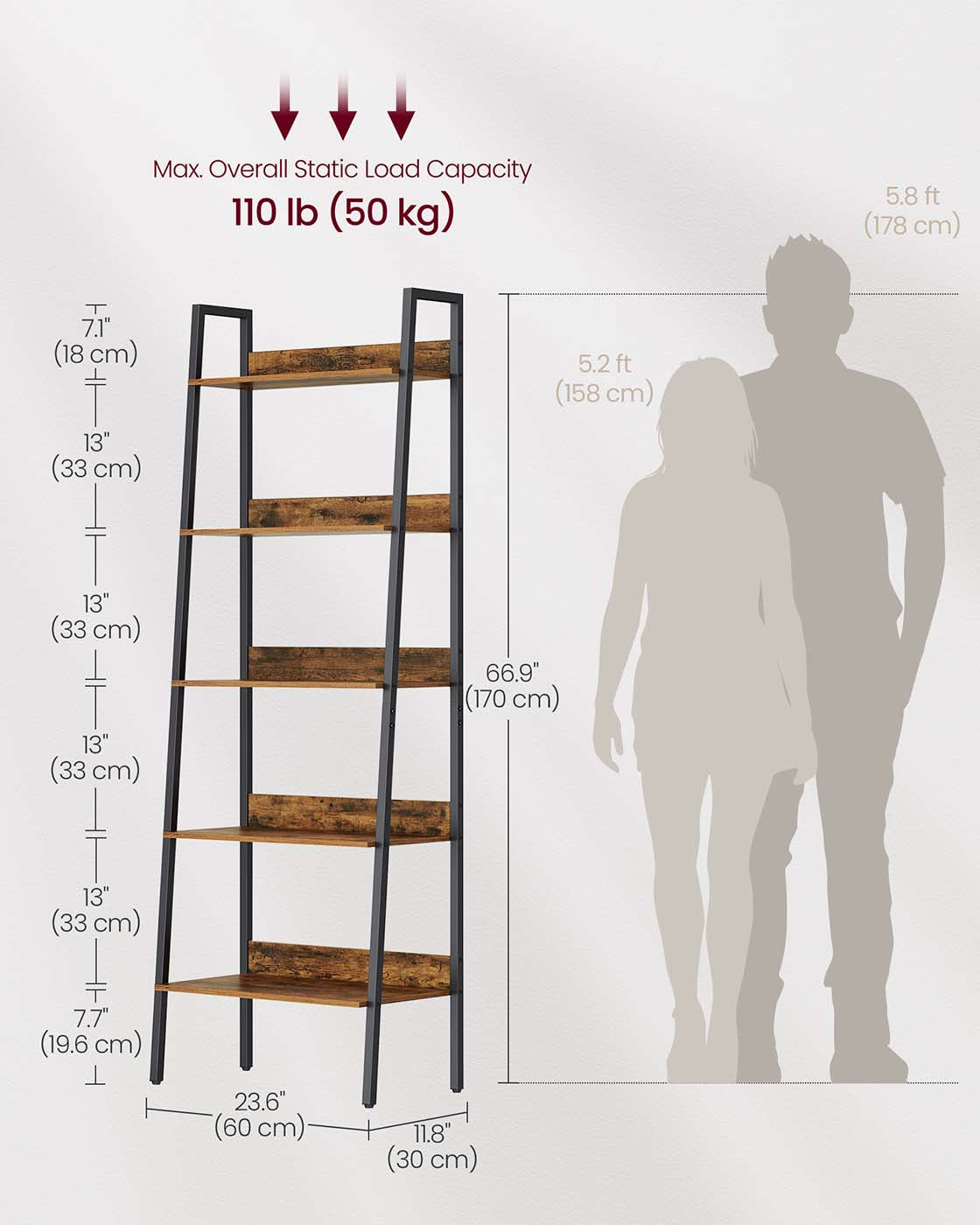 5 Tier Bookcase – Metal – Rustic Brown and Black – Freestanding Storage Shelf
