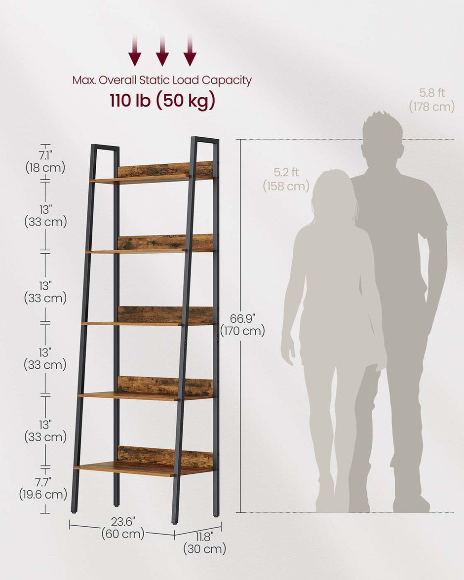5 Tier Bookcase – Metal – Rustic Brown and Black – Freestanding Storage Shelf