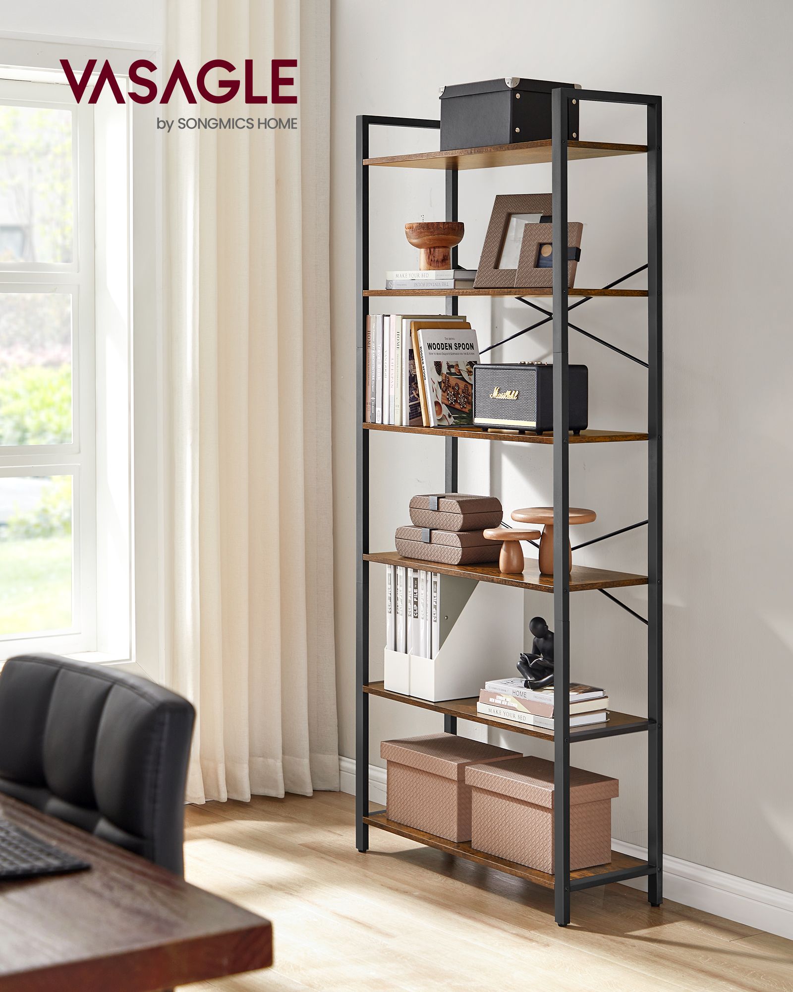 Tall Bookshelf – Steel Frame – Rustic Brown and Ink Black – 6-Tier Freestanding Shelf Unit