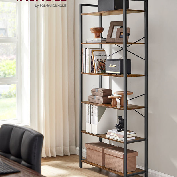 Tall Bookshelf – Steel Frame – Rustic Brown and Ink Black – 6-Tier Freestanding Shelf Unit