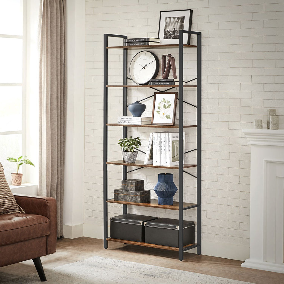 Tall Bookshelf – Steel Frame – Rustic Brown and Ink Black – 6-Tier Freestanding Shelf Unit