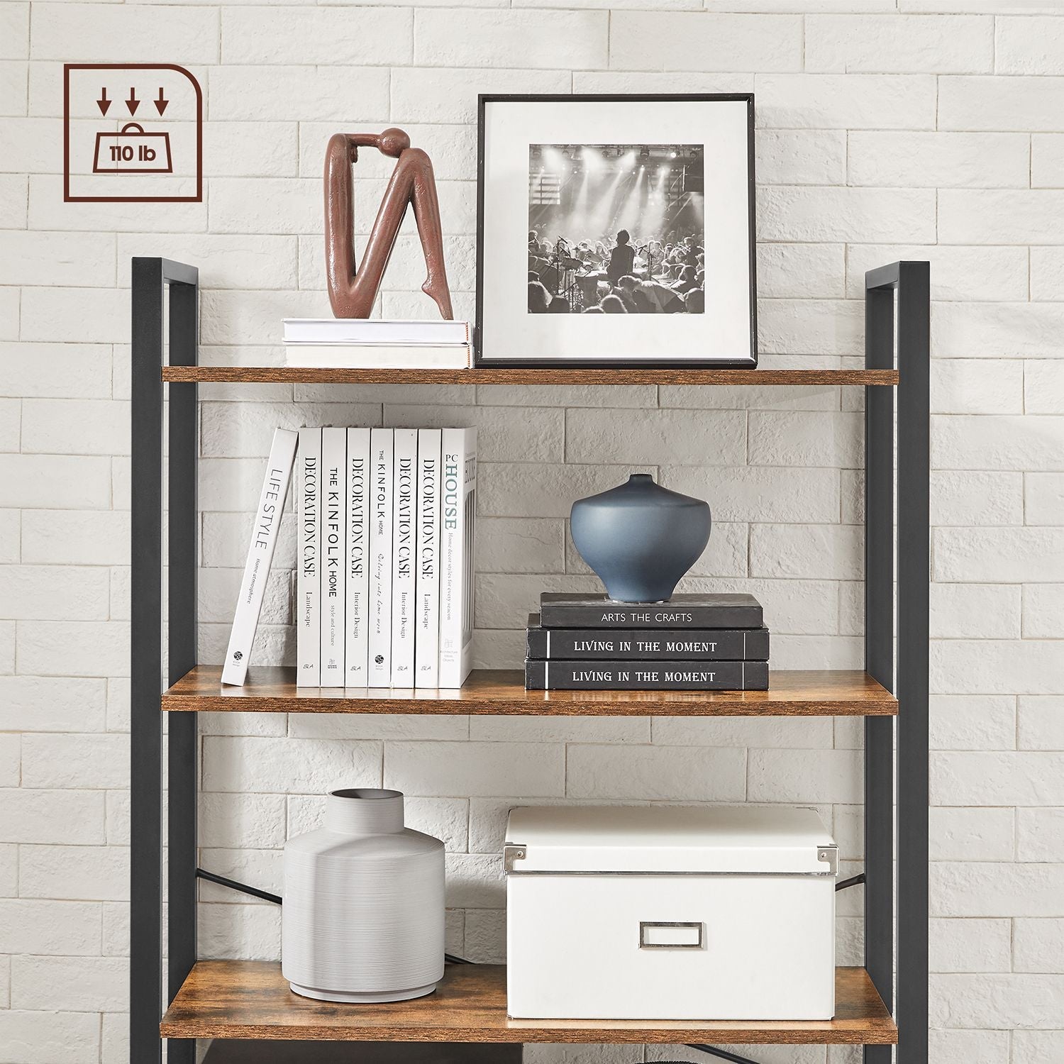 Tall Bookshelf – Steel Frame – Rustic Brown and Ink Black – 6-Tier Freestanding Shelf Unit