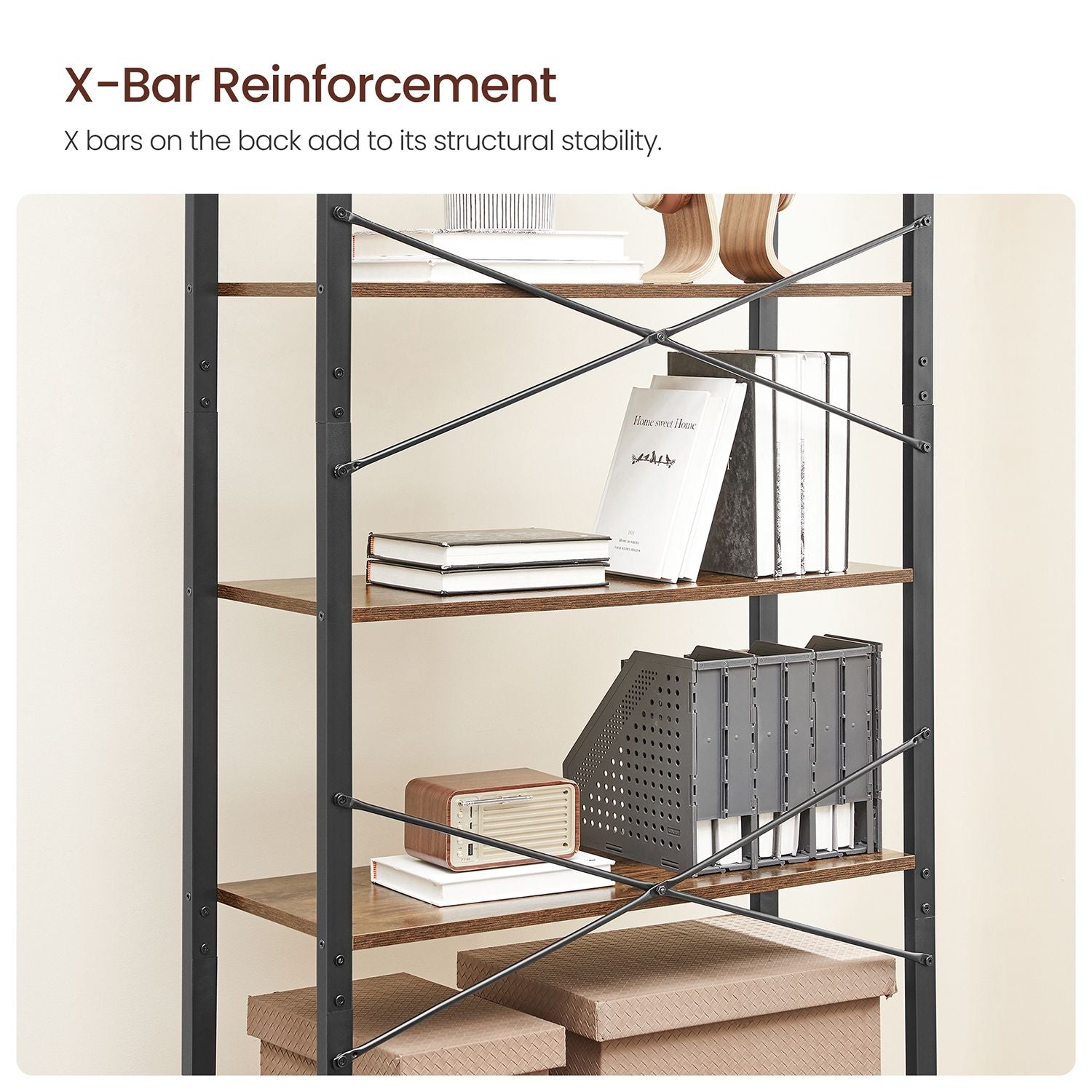 Tall Bookshelf – Steel Frame – Rustic Brown and Ink Black – 6-Tier Freestanding Shelf Unit