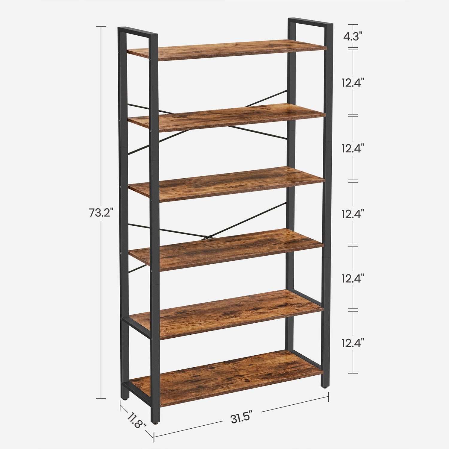 Tall Bookshelf – Steel Frame – Rustic Brown and Ink Black – 6-Tier Freestanding Shelf Unit