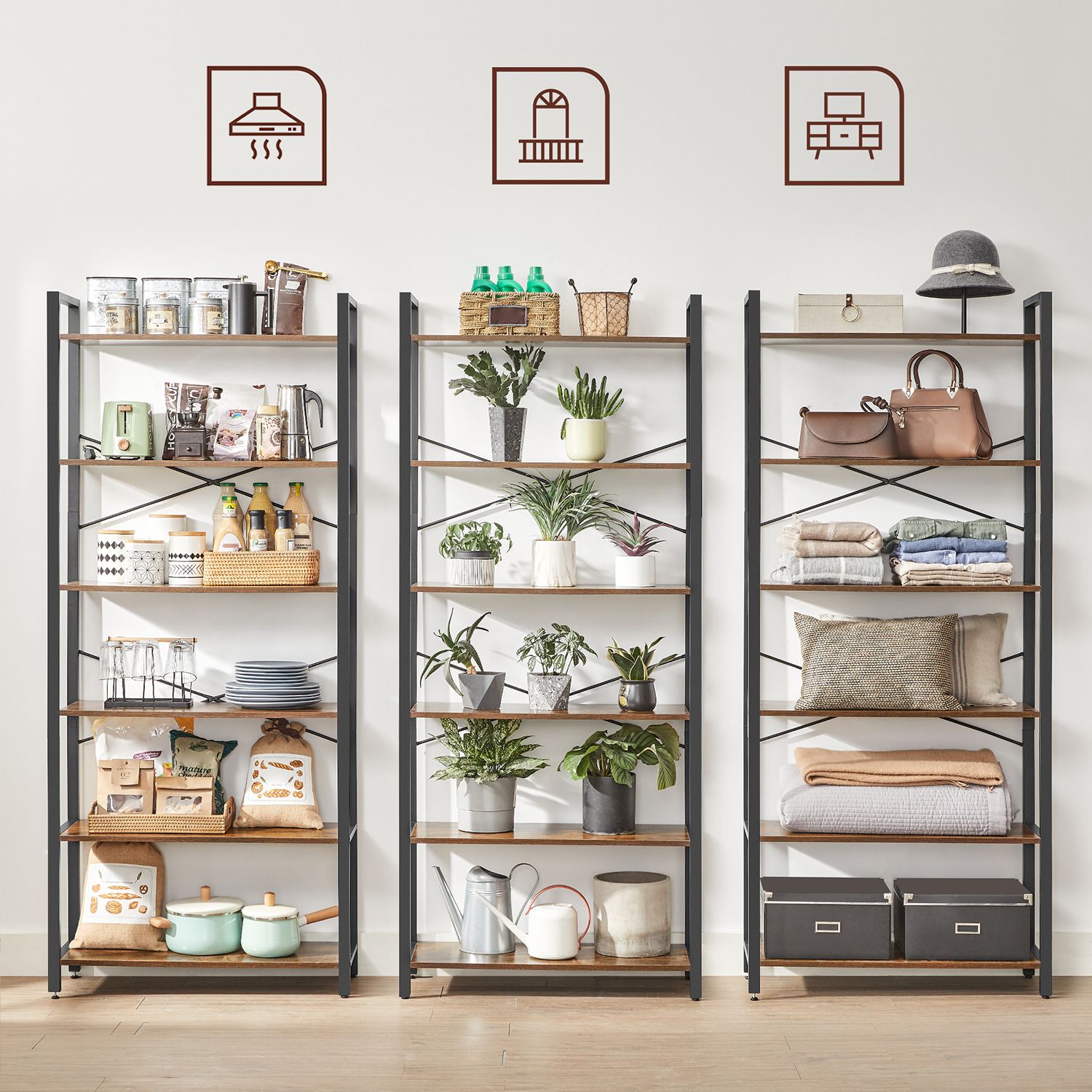 Tall Bookshelf – Steel Frame – Rustic Brown and Ink Black – 6-Tier Freestanding Shelf Unit