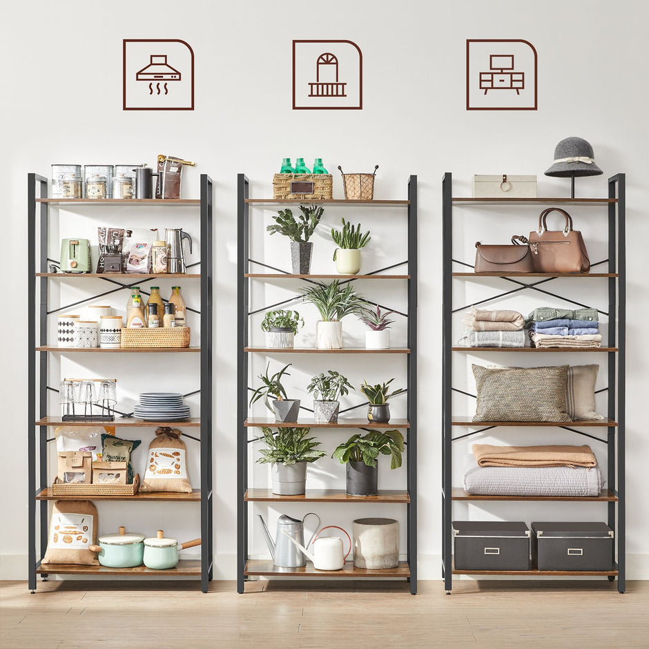 Tall Bookshelf – Steel Frame – Rustic Brown and Ink Black – 6-Tier Freestanding Shelf Unit
