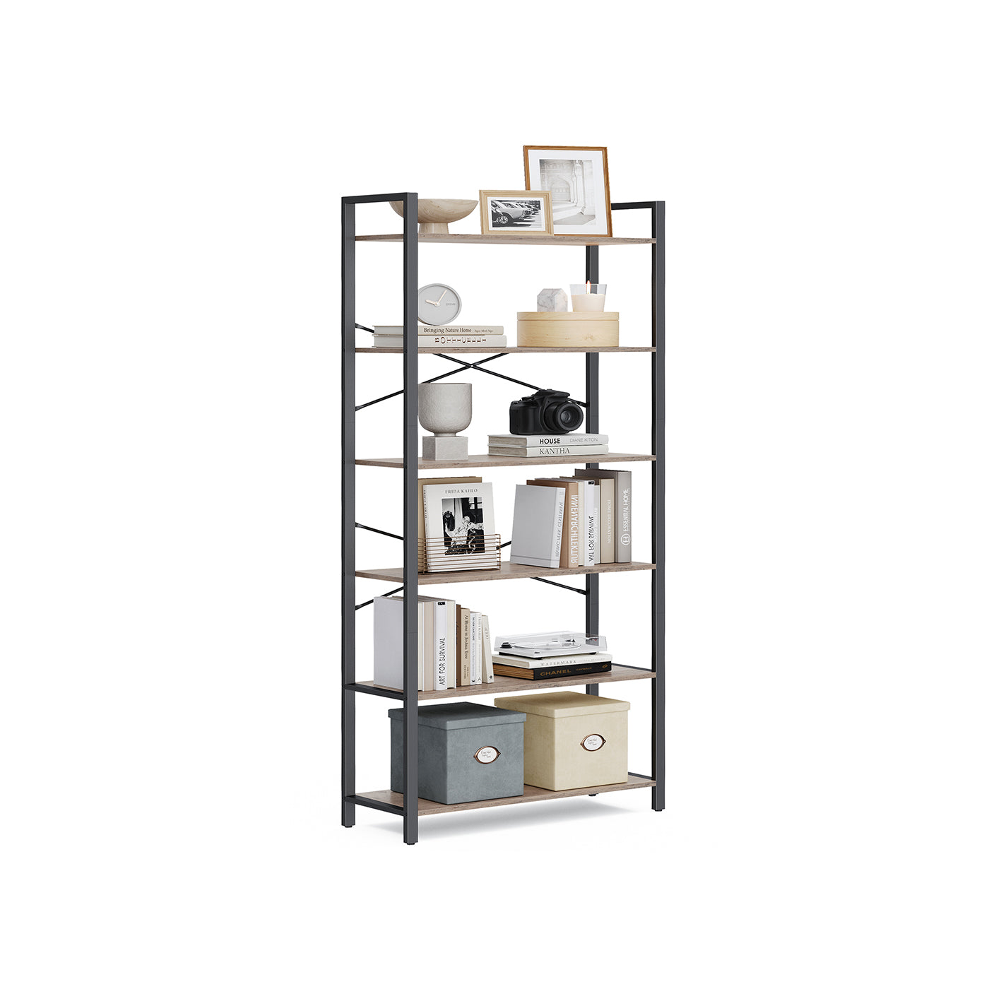 6-Tier Bookshelf – Steel Frame – Special Walnut and Black – Freestanding Design for Living Room, Bedroom, Home Office