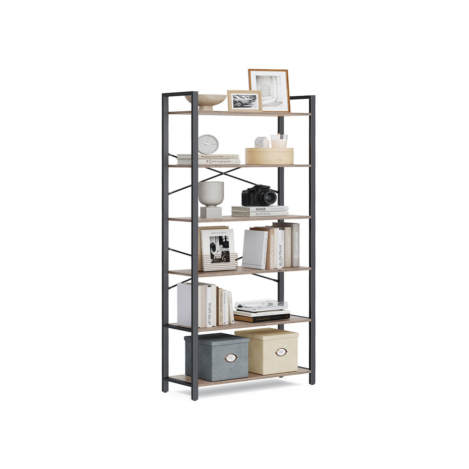 6-Tier Bookshelf – Steel Frame – Special Walnut and Black – Freestanding Design for Living Room, Bedroom, Home Office