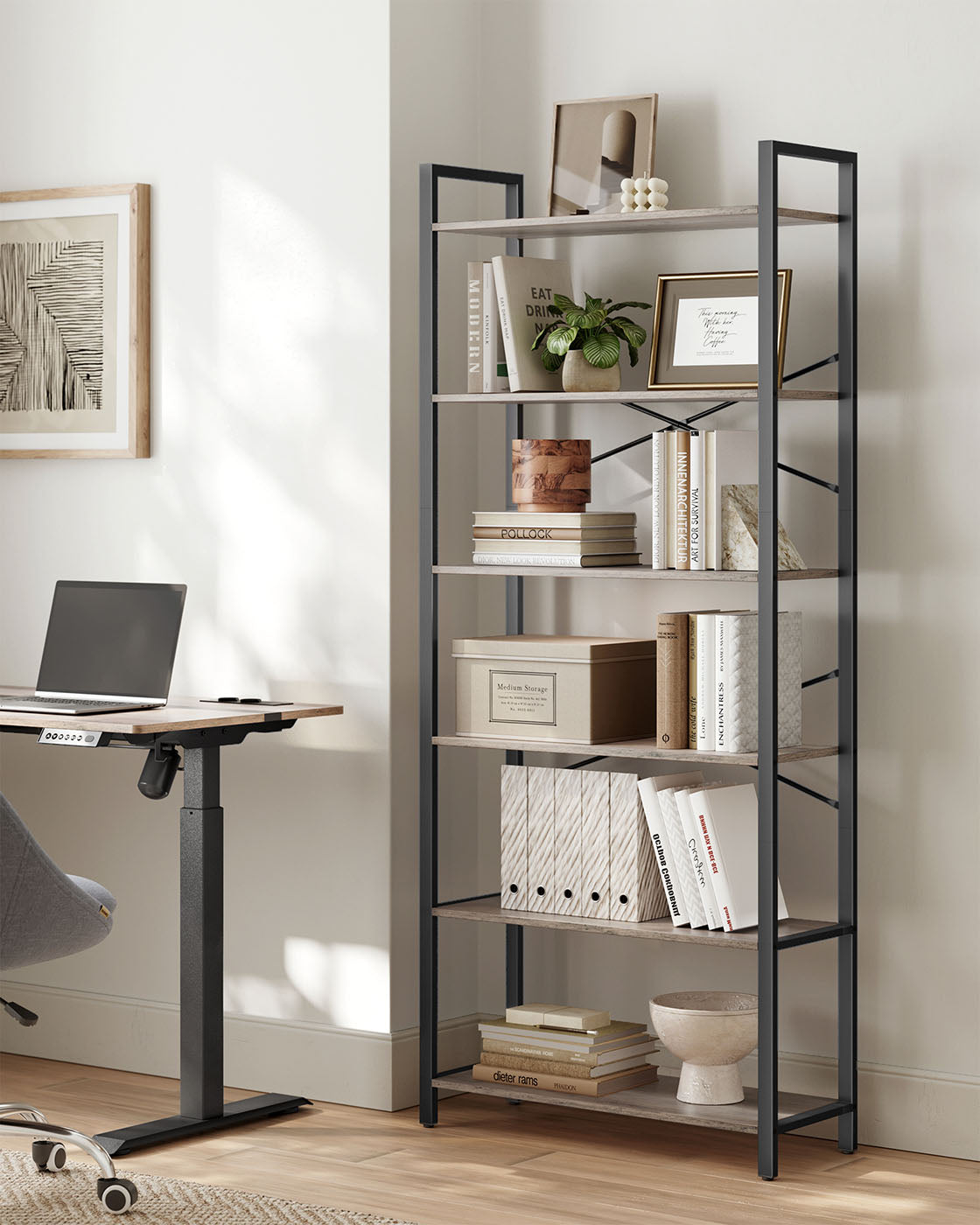 6-Tier Bookshelf – Steel Frame – Special Walnut and Black – Freestanding Design for Living Room, Bedroom, Home Office