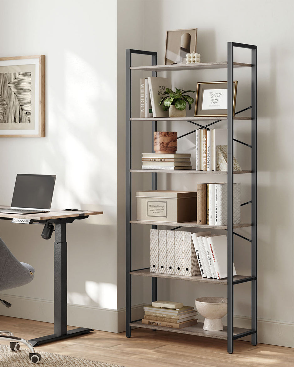 6-Tier Bookshelf – Steel Frame – Special Walnut and Black – Freestanding Design for Living Room, Bedroom, Home Office