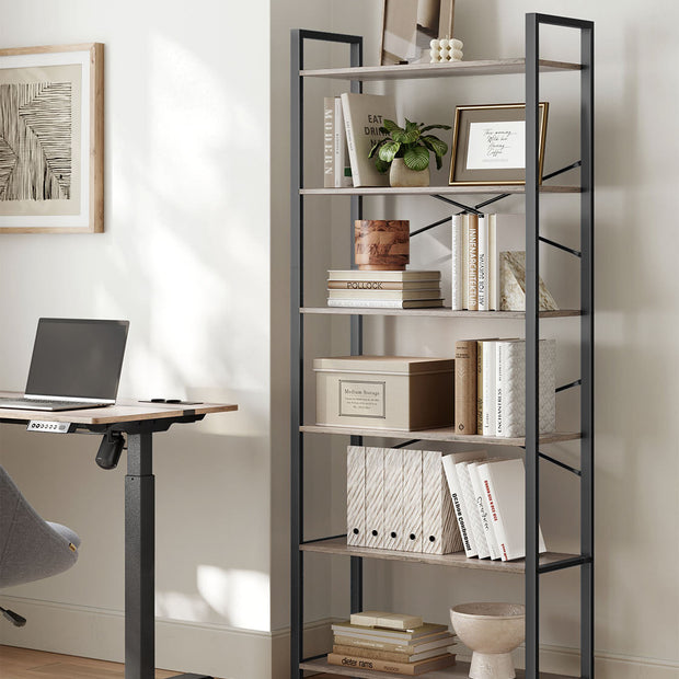 6-Tier Bookshelf – Steel Frame – Special Walnut and Black – Freestanding Design for Living Room, Bedroom, Home Office