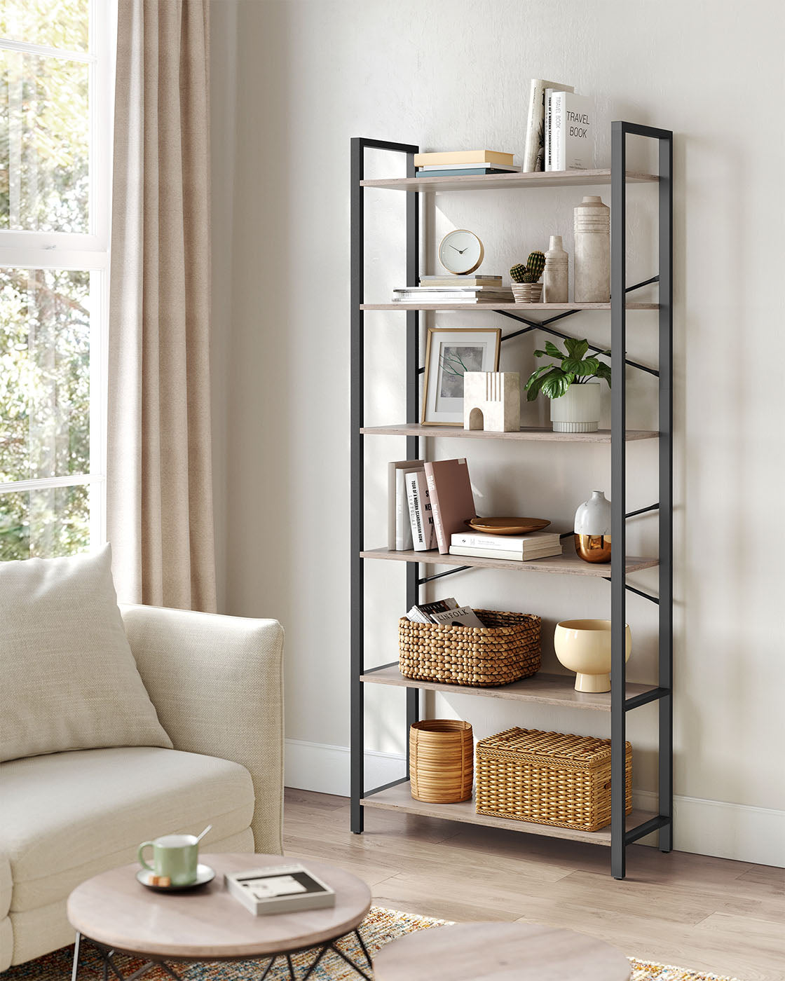 6-Tier Bookshelf – Steel Frame – Special Walnut and Black – Freestanding Design for Living Room, Bedroom, Home Office