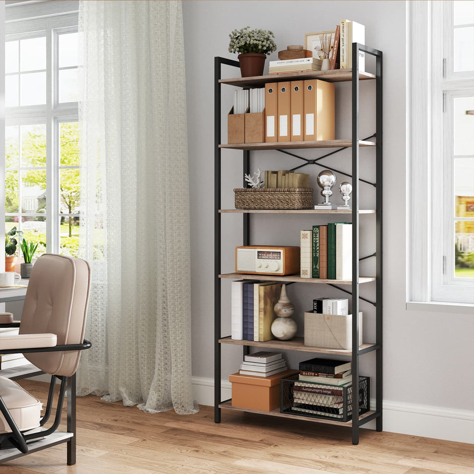 6-Tier Bookshelf – Steel Frame – Special Walnut and Black – Freestanding Design for Home Office and Living Room
