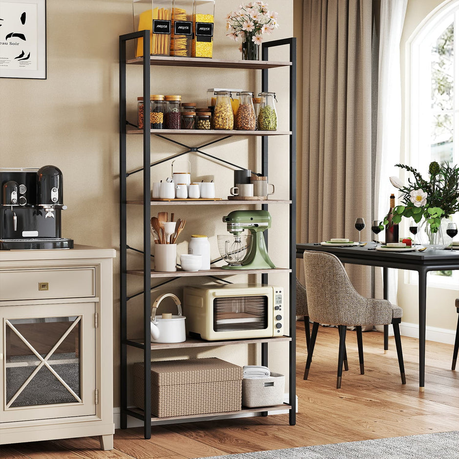 6-Tier Bookshelf – Steel Frame – Special Walnut and Black – Freestanding Design for Home Office and Living Room