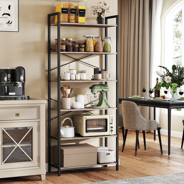 6-Tier Bookshelf – Steel Frame – Special Walnut and Black – Freestanding Design for Home Office and Living Room