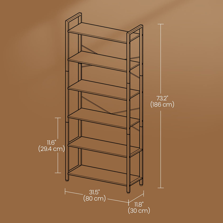 6-Tier Bookshelf – Steel Frame – Special Walnut and Black – Freestanding Design for Home Office and Living Room