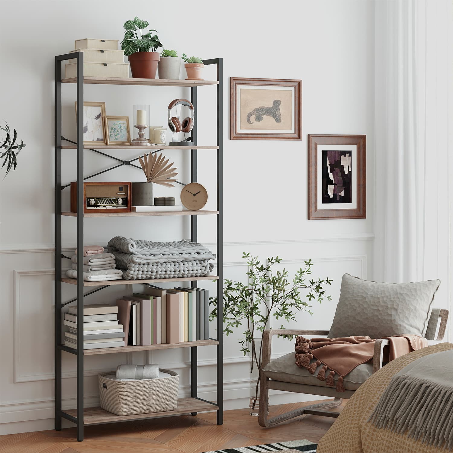 6-Tier Bookshelf – Steel Frame – Special Walnut and Black – Freestanding Design for Home Office and Living Room