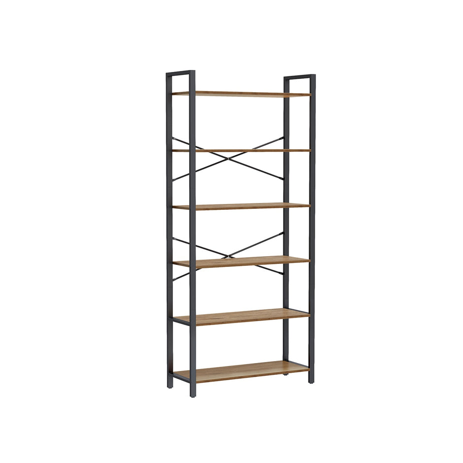 6-Tier Tall Bookshelf – Steel Frame – Special Walnut and Black – Freestanding Unit for Living Room, Bedroom, Home Office