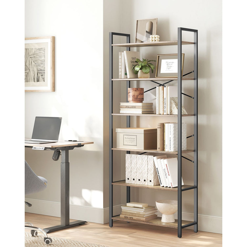 6-Tier Tall Bookshelf – Steel Frame – Special Walnut and Black – Freestanding Unit for Living Room, Bedroom, Home Office