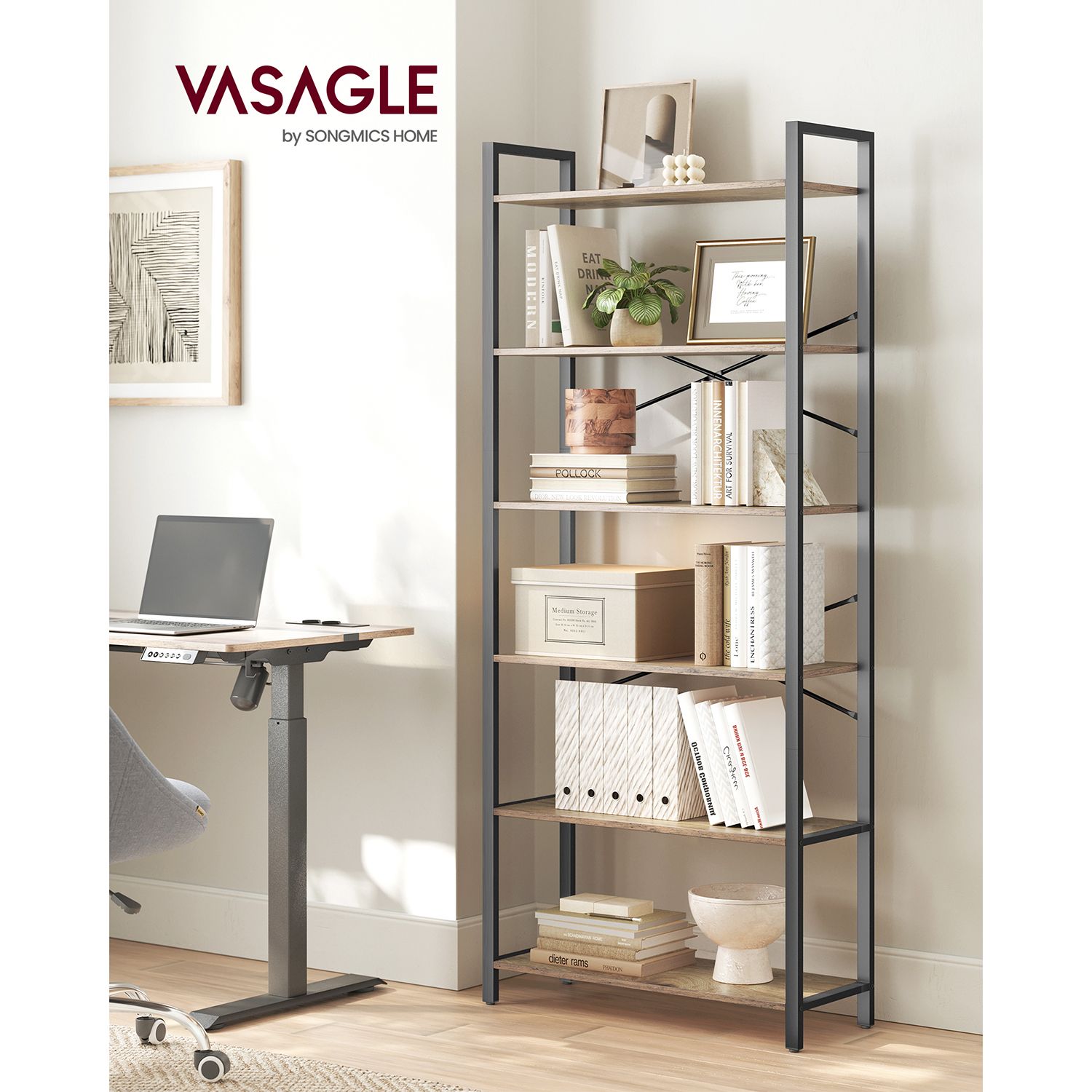 6-Tier Tall Bookshelf – Steel Frame – Special Walnut and Black – Freestanding Unit for Living Room, Bedroom, Home Office