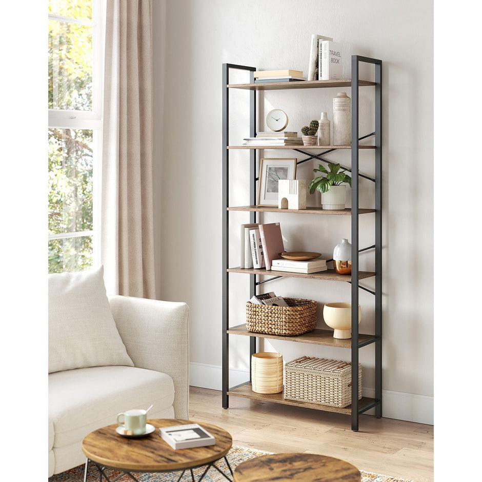 6-Tier Tall Bookshelf – Steel Frame – Special Walnut and Black – Freestanding Unit for Living Room, Bedroom, Home Office