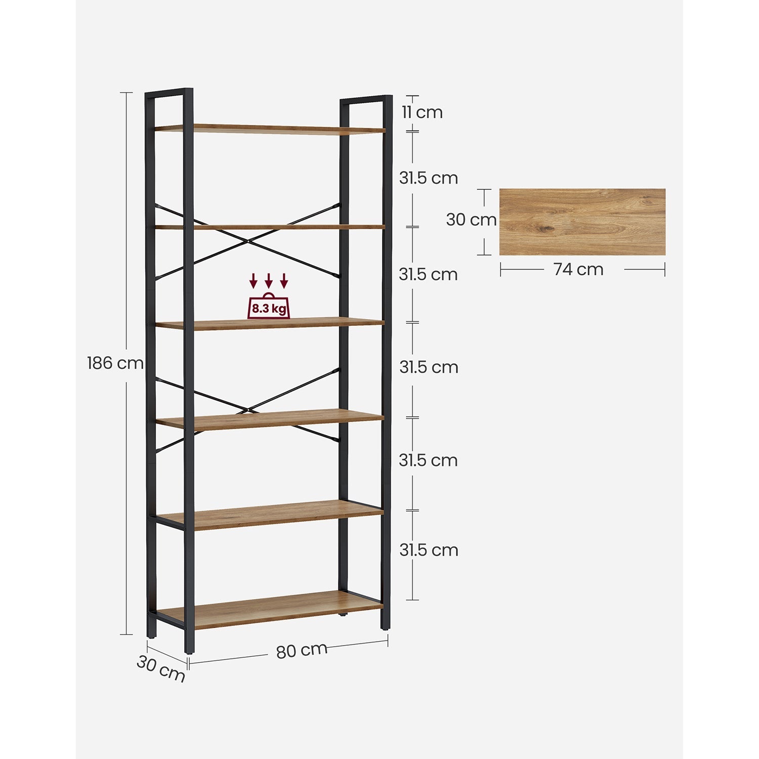 6-Tier Tall Bookshelf – Steel Frame – Special Walnut and Black – Freestanding Unit for Living Room, Bedroom, Home Office