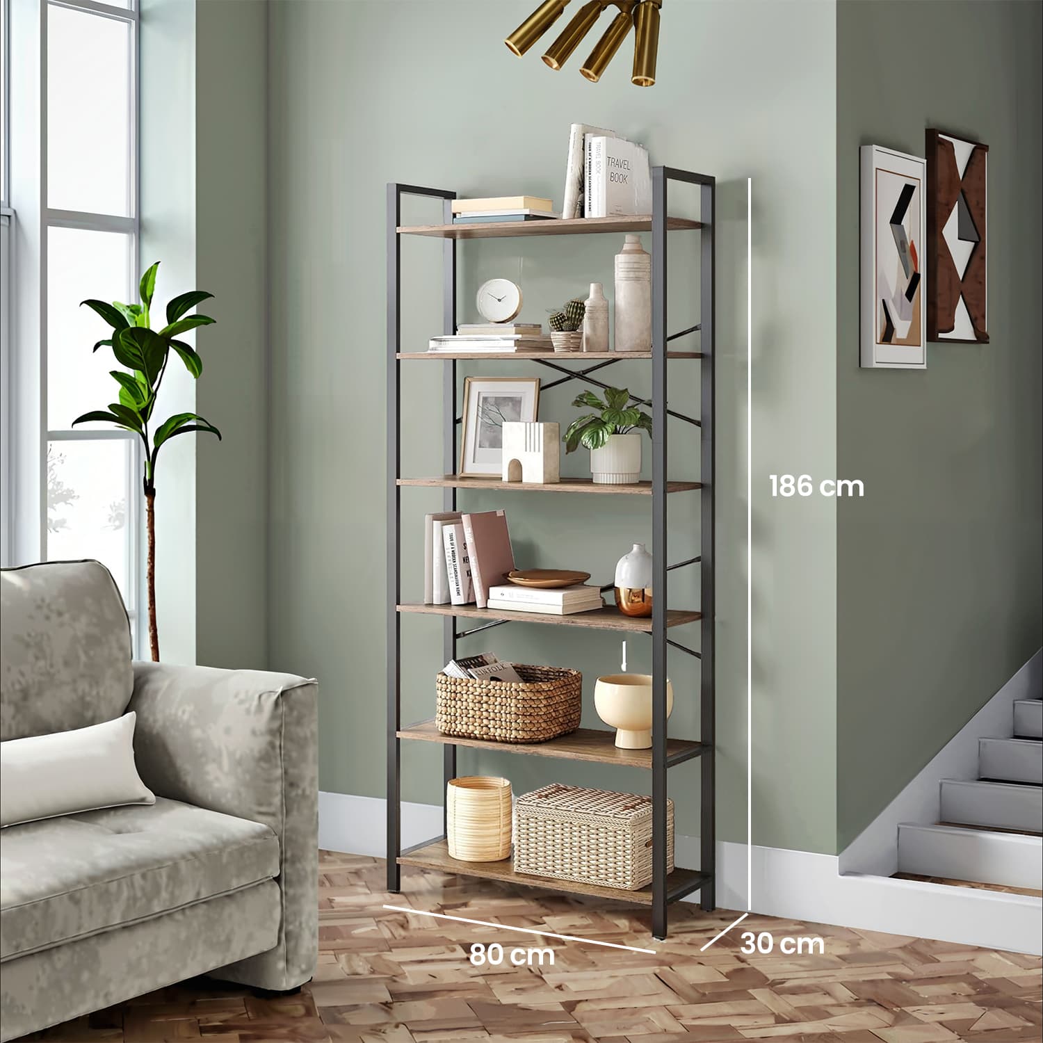 6-Tier Bookshelf – Steel Frame – Special Walnut and Black – Freestanding Design for Living Room, Bedroom, Home Office