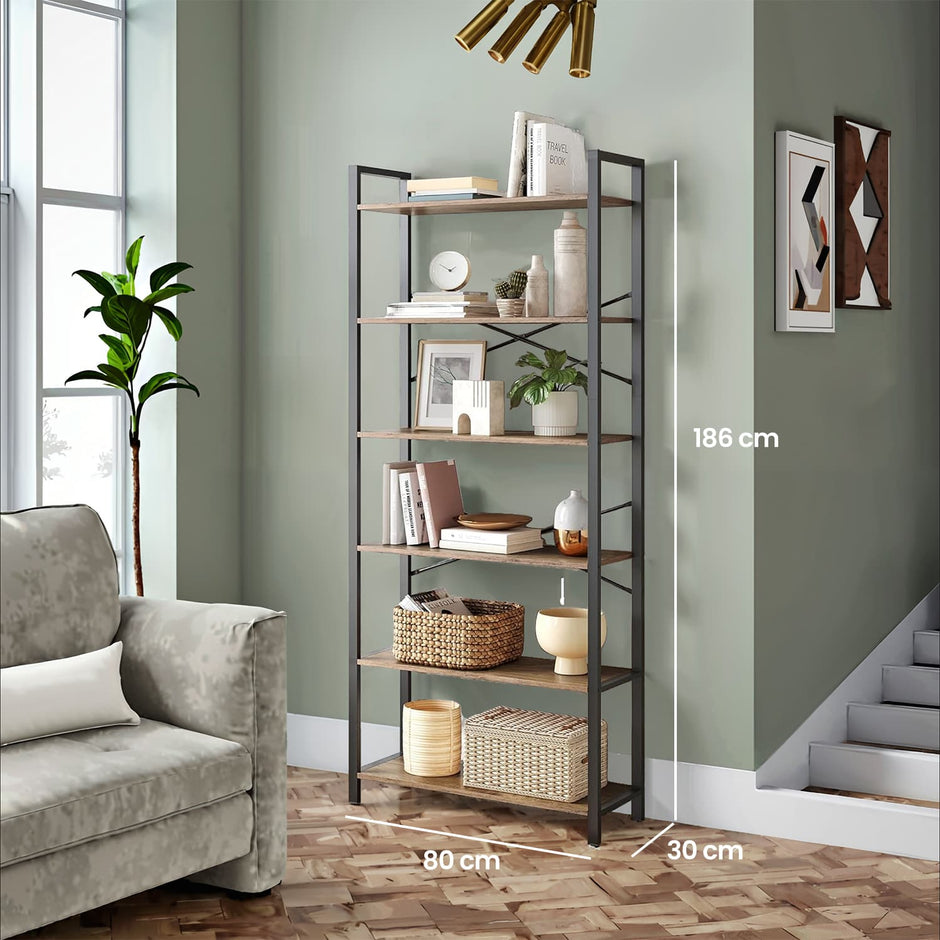 6-Tier Bookshelf – Steel Frame – Special Walnut and Black – Freestanding Design for Living Room, Bedroom, Home Office