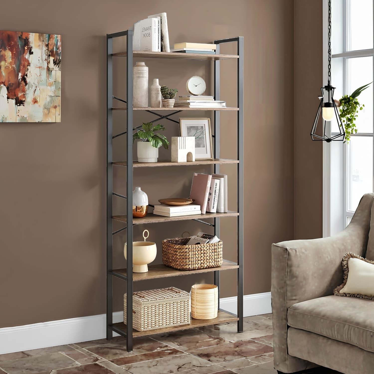 6-Tier Bookshelf – Steel Frame – Special Walnut and Black – Freestanding Design for Living Room, Bedroom, Home Office