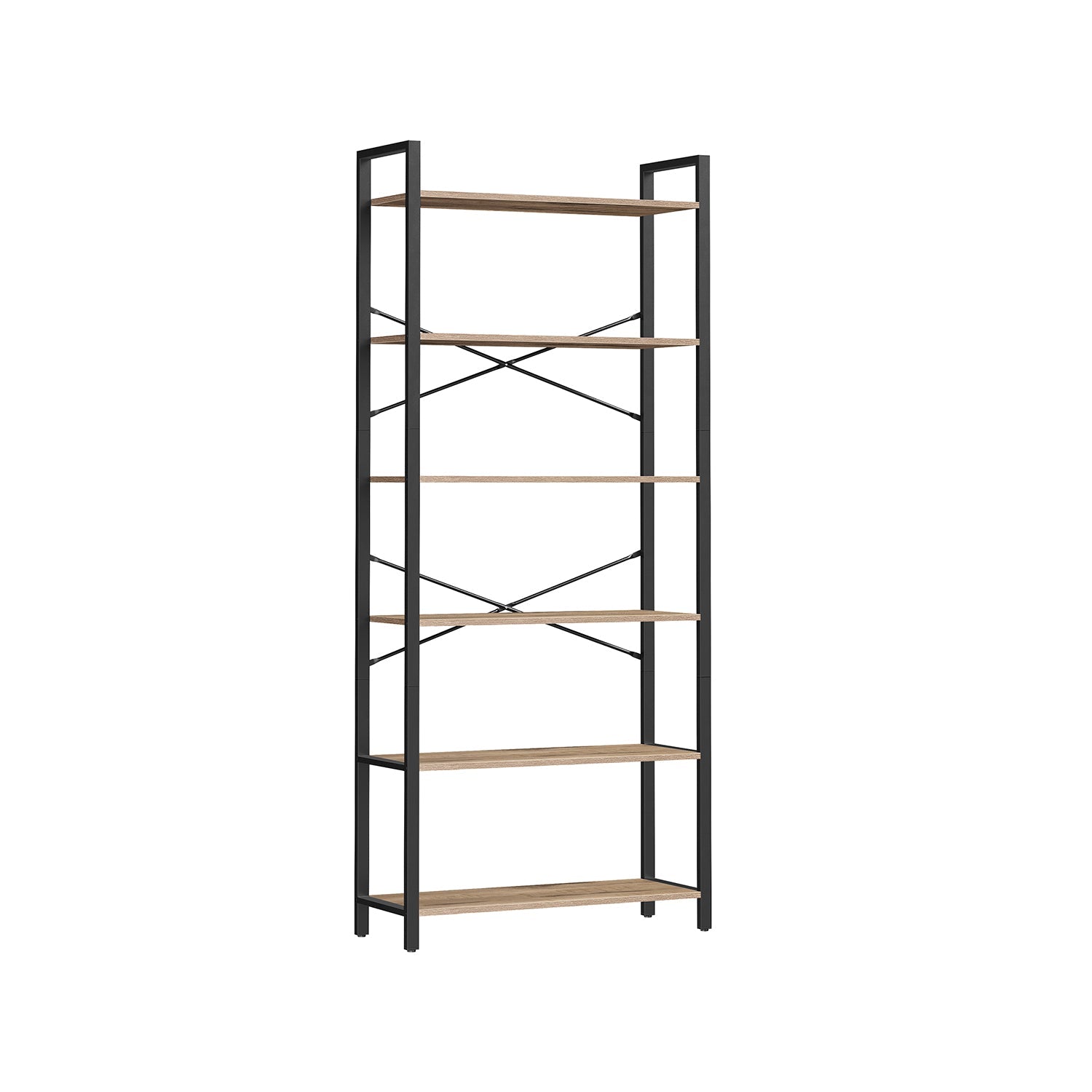 6-Tier Freestanding Tall Bookshelf – Steel Frame – Camel Brown and Ink Black – Industrial Design