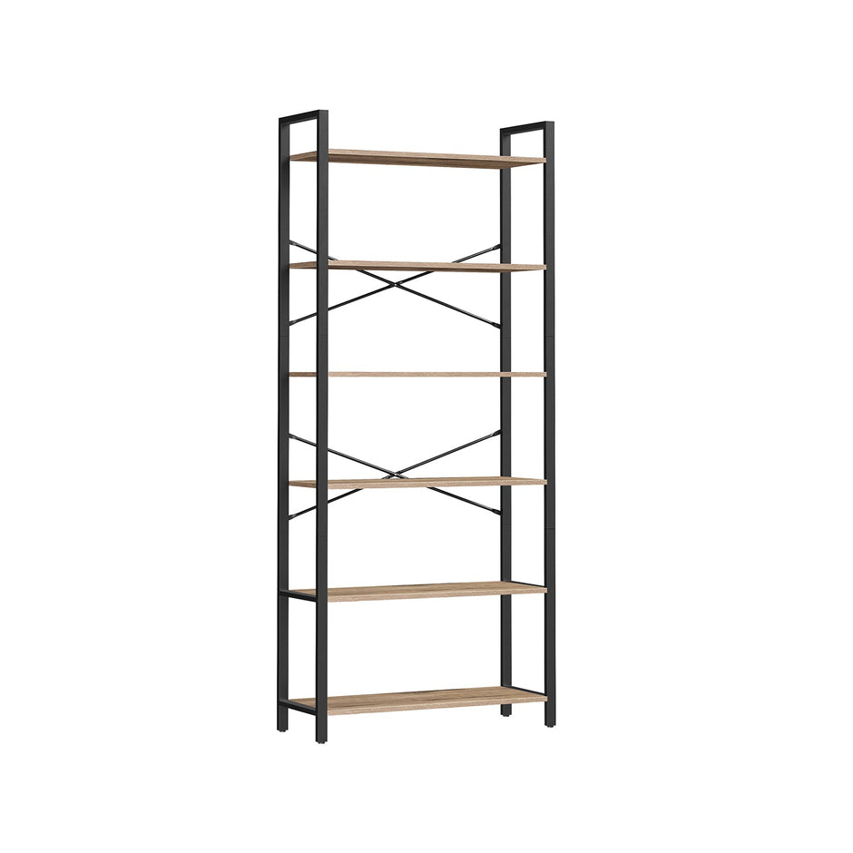 6-Tier Freestanding Tall Bookshelf – Steel Frame – Camel Brown and Ink Black – Industrial Design