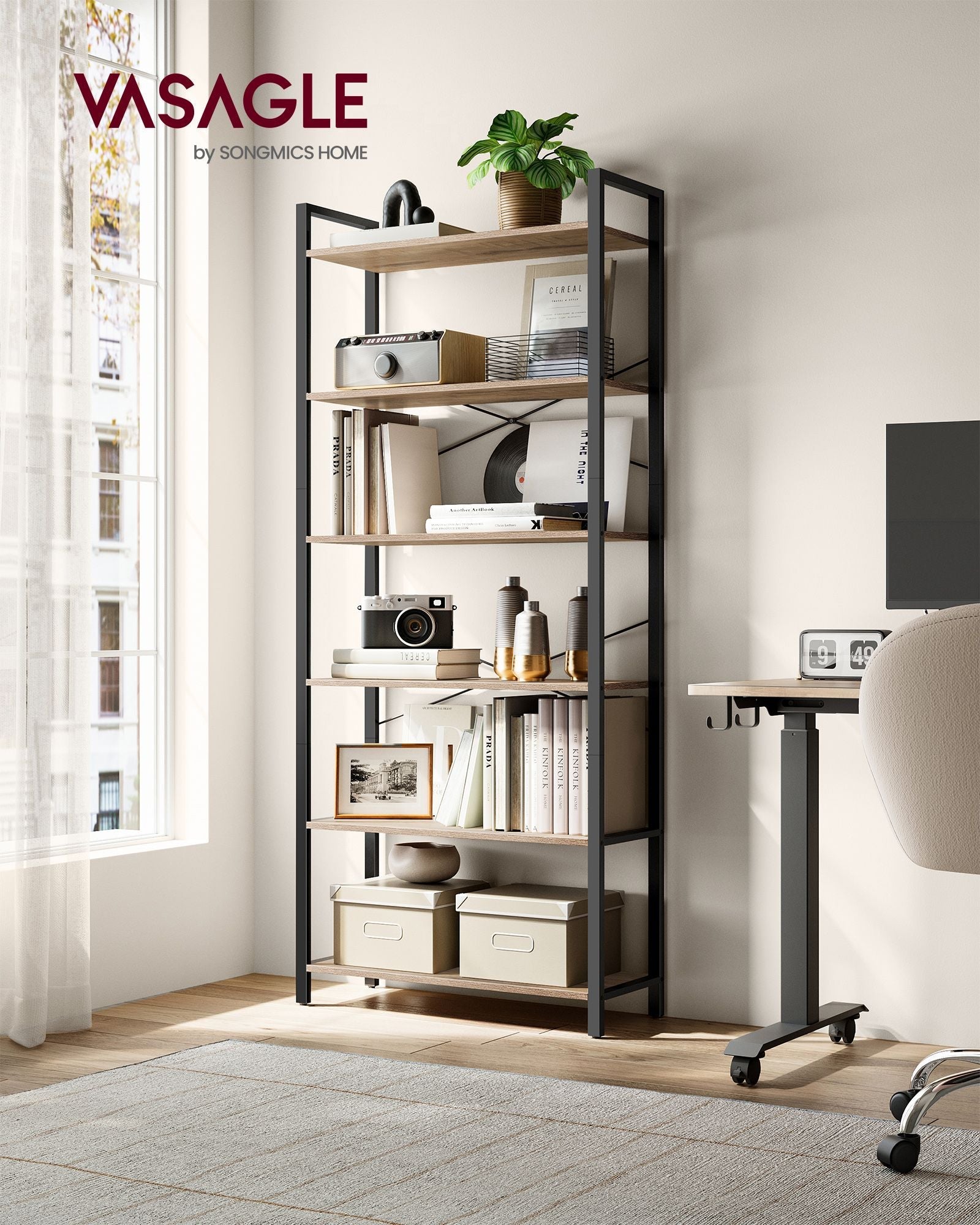 6-Tier Freestanding Tall Bookshelf – Steel Frame – Camel Brown and Ink Black – Industrial Design