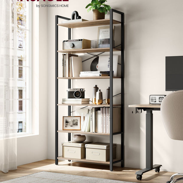 6-Tier Freestanding Tall Bookshelf – Steel Frame – Camel Brown and Ink Black – Industrial Design