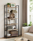 6-Tier Freestanding Tall Bookshelf – Steel Frame – Camel Brown and Ink Black – Industrial Design