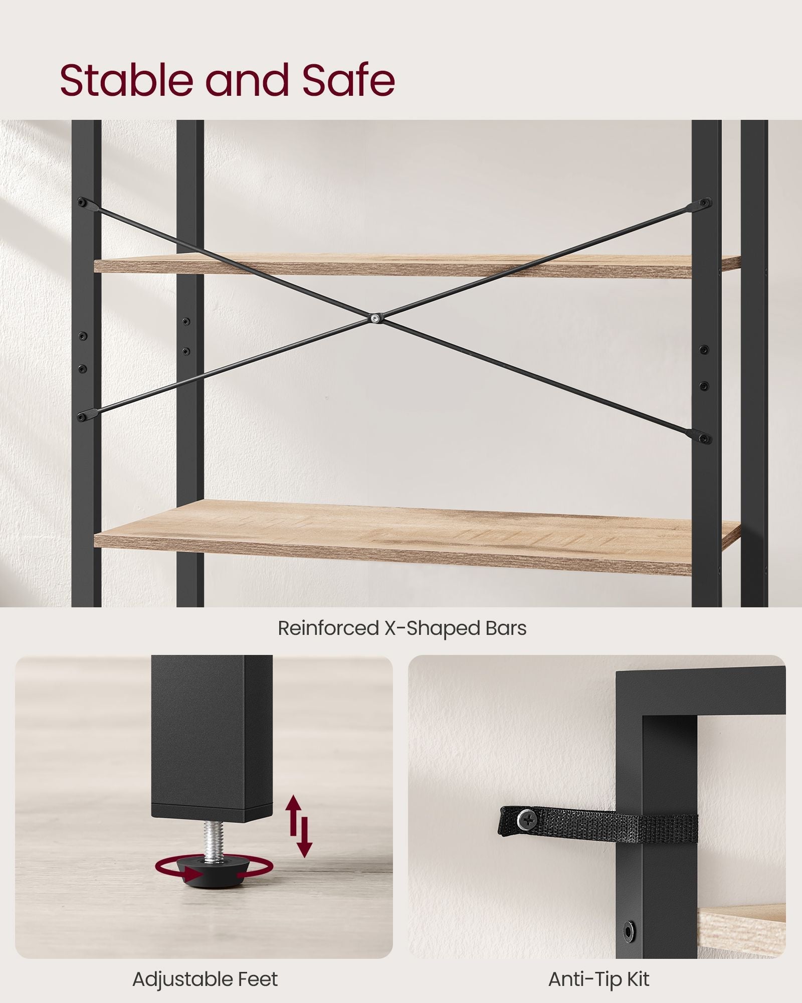 6-Tier Freestanding Tall Bookshelf – Steel Frame – Camel Brown and Ink Black – Industrial Design