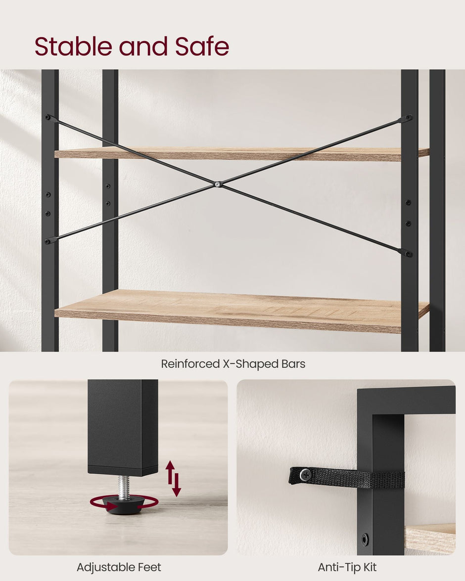6-Tier Freestanding Tall Bookshelf – Steel Frame – Camel Brown and Ink Black – Industrial Design