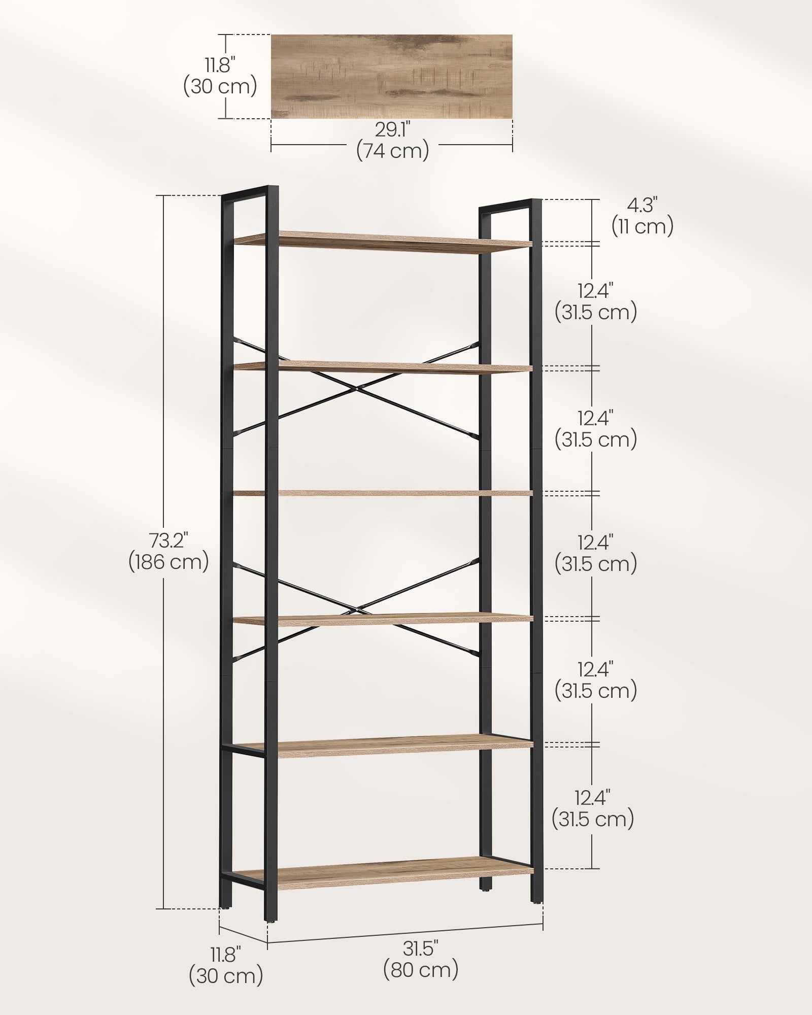6-Tier Freestanding Tall Bookshelf – Steel Frame – Camel Brown and Ink Black – Industrial Design