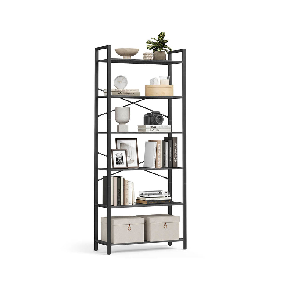 Freestanding Bookshelf – Steel – Ebony Black and Ink Black – 6-Tier Industrial Design