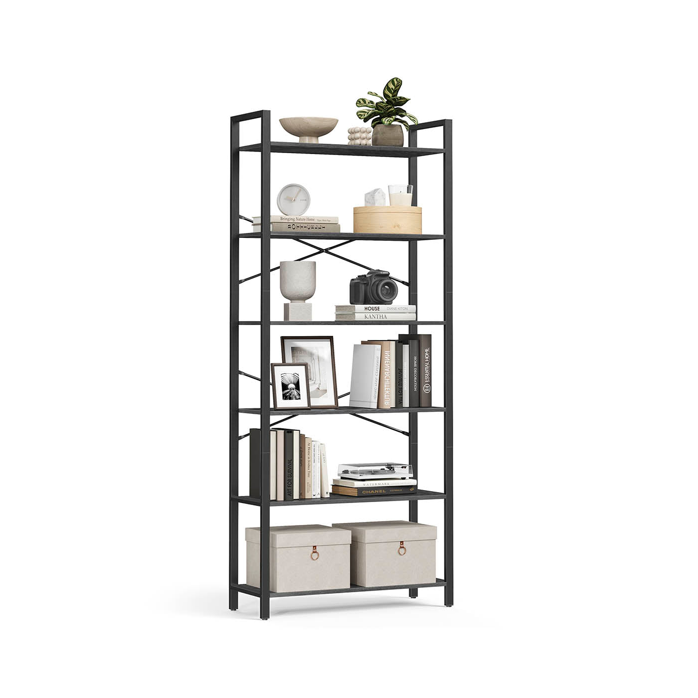 Tall Bookshelf – Steel Frame – Rustic Brown and Ink Black – 6-Tier Freestanding Shelf Unit