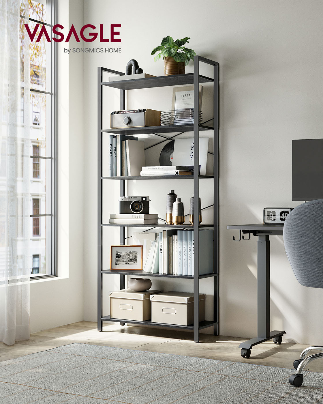Freestanding Bookshelf – Steel – Ebony Black and Ink Black – 6-Tier Industrial Design