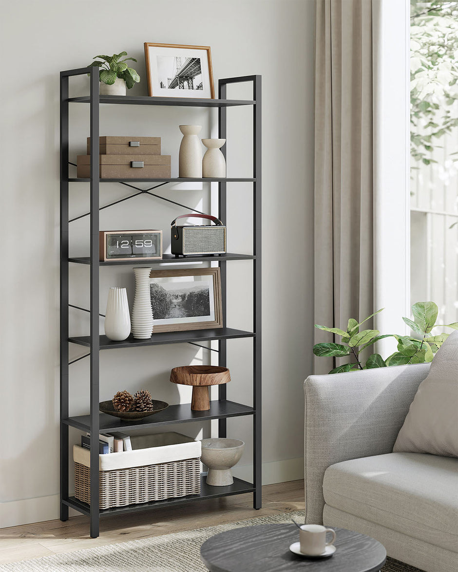 Freestanding Bookshelf – Steel – Ebony Black and Ink Black – 6-Tier Industrial Design