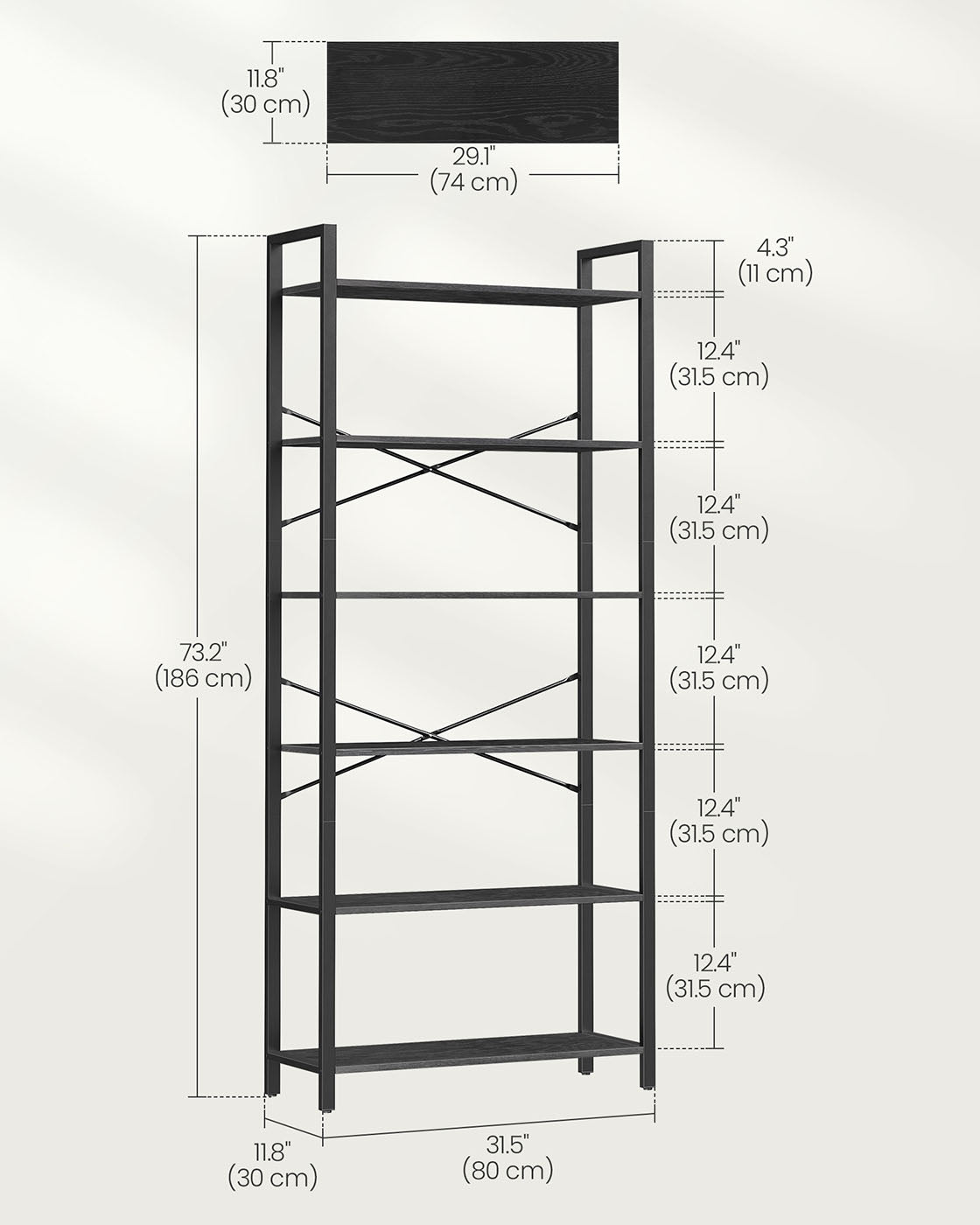Freestanding Bookshelf – Steel – Ebony Black and Ink Black – 6-Tier Industrial Design