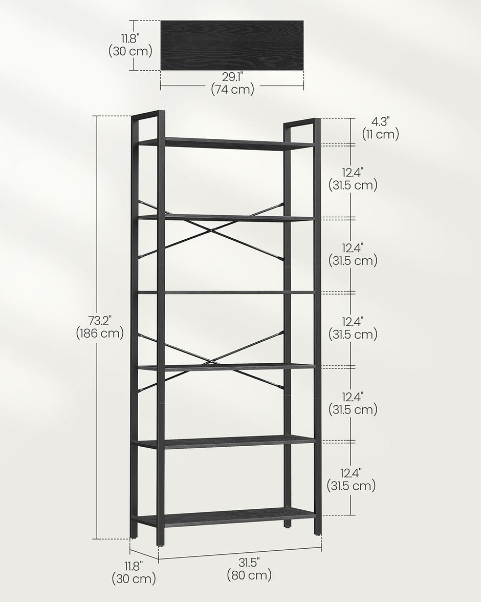 Freestanding Bookshelf – Steel – Ebony Black and Ink Black – 6-Tier Industrial Design