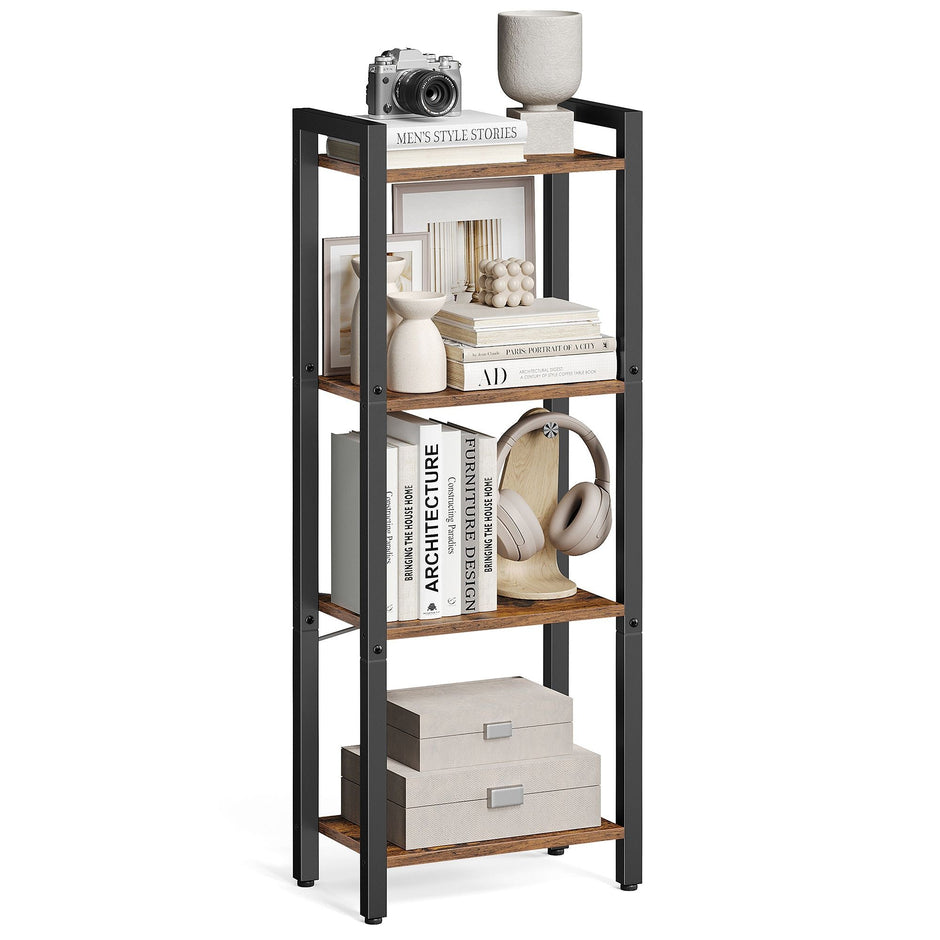 4-Tier Bookshelf – Wood and Metal – Rustic Brown and Ink Black – Industrial Design