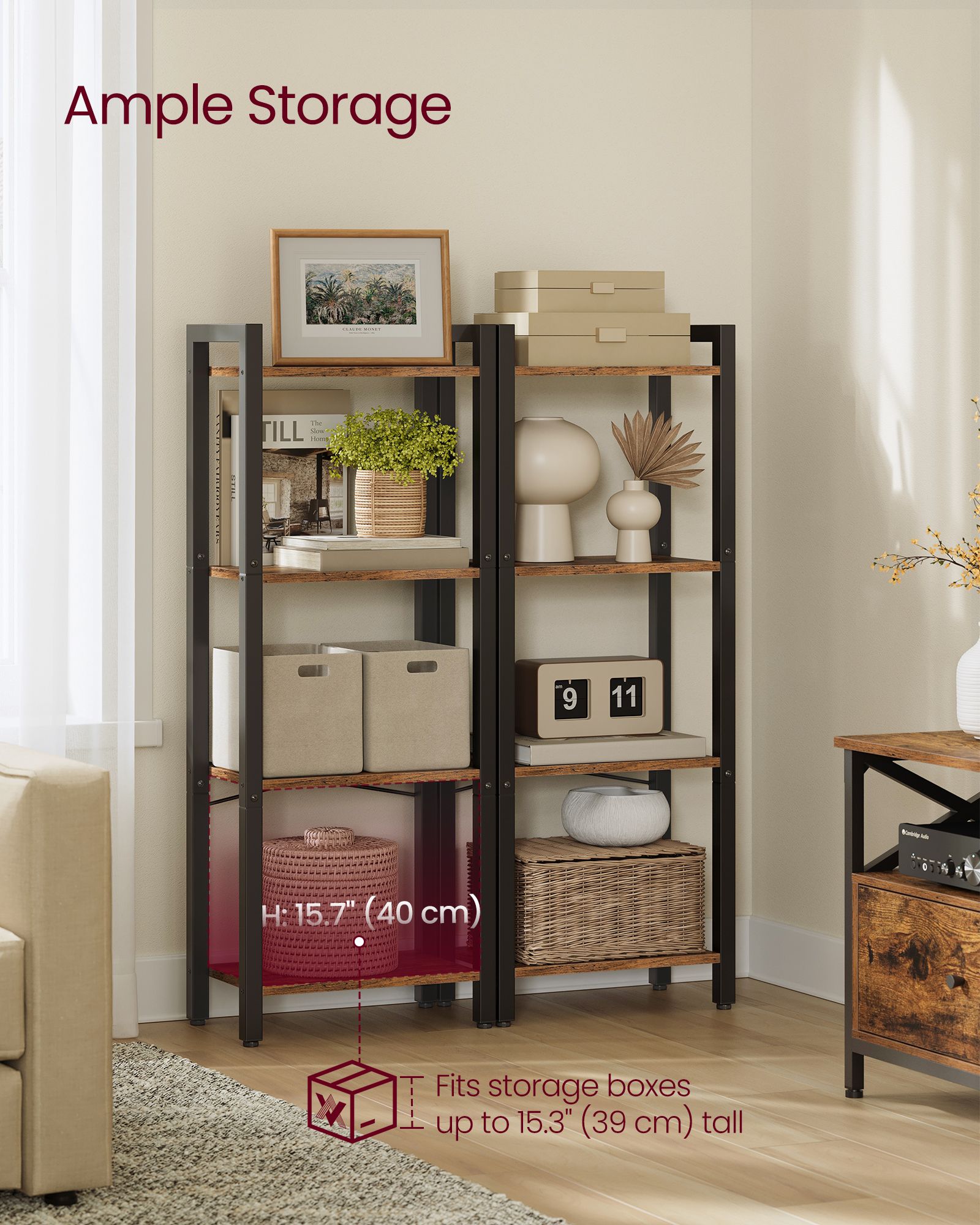 4-Tier Bookshelf – Wood and Metal – Rustic Brown and Ink Black – Industrial Design