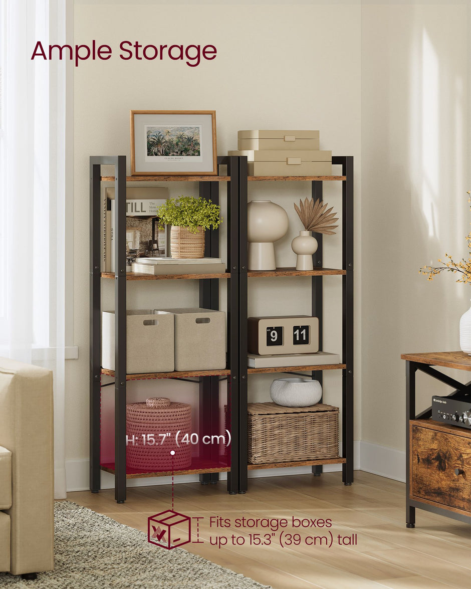 4-Tier Bookshelf – Wood and Metal – Rustic Brown and Ink Black – Industrial Design